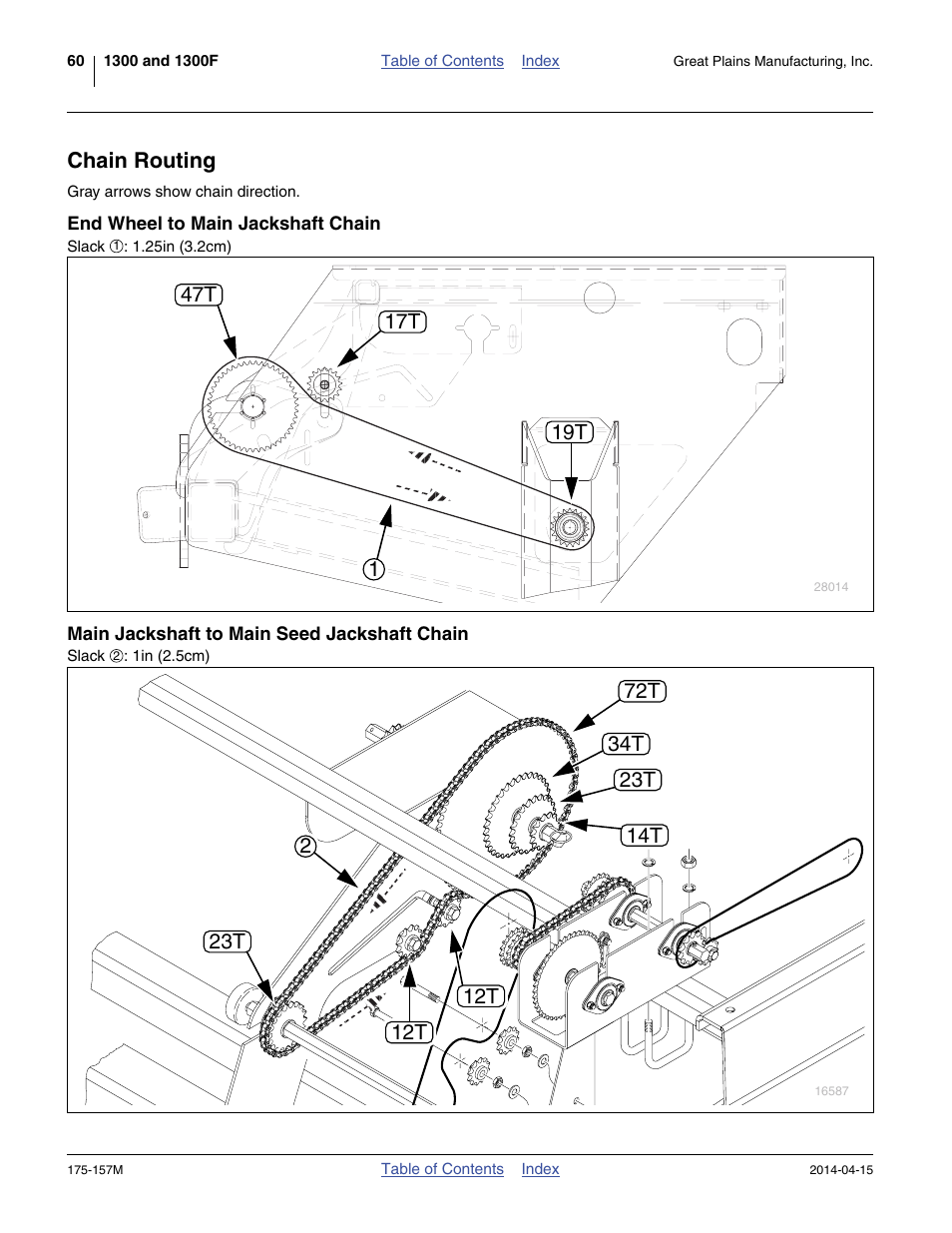 Chain routing, End wheel to main jackshaft chain, Main jackshaft to main seed jackshaft chain | Great Plains 1300 13-Foot Operator Manual User Manual | Page 64 / 78