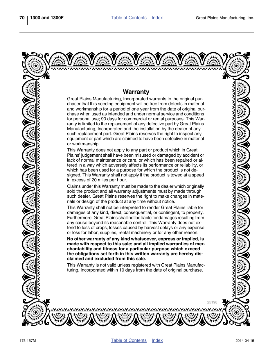 Warranty | Great Plains 1300 13-Foot Operator Manual User Manual | Page 74 / 78