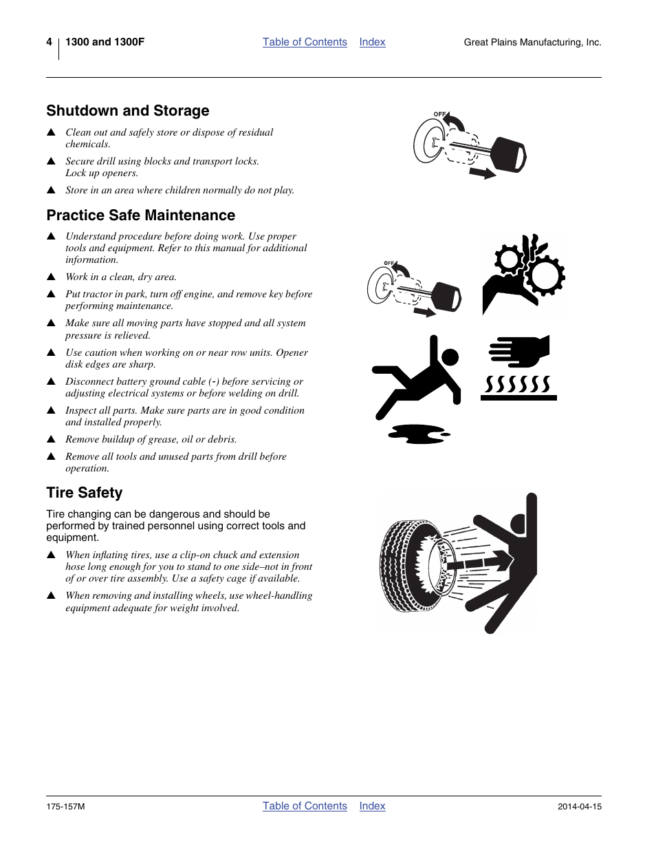 Shutdown and storage, Practice safe maintenance, Tire safety | Great Plains 1300 13-Foot Operator Manual User Manual | Page 8 / 78