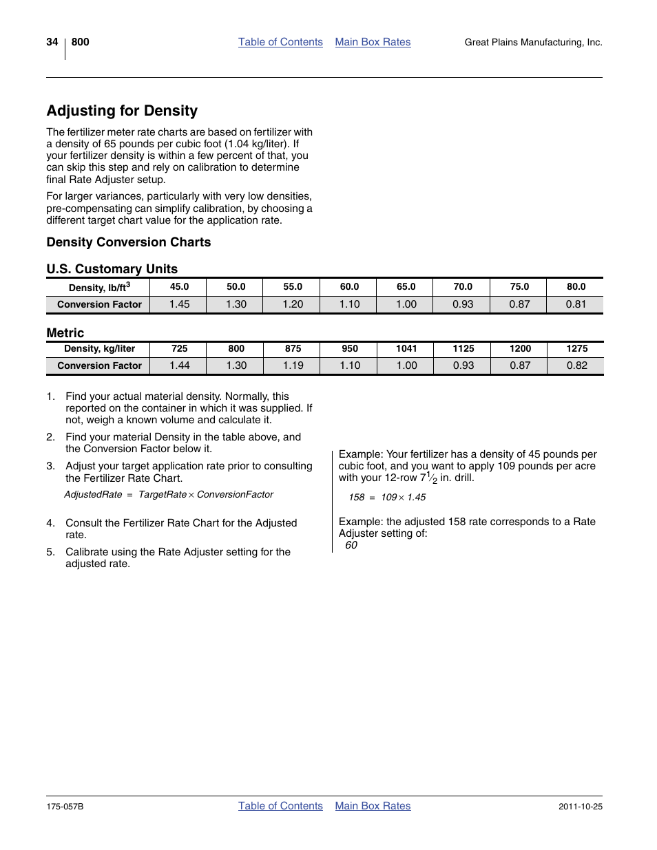 Adjusting for density, Density conversion charts, U.s. customary units | Metric | Great Plains 800 Material Rate User Manual | Page 36 / 62