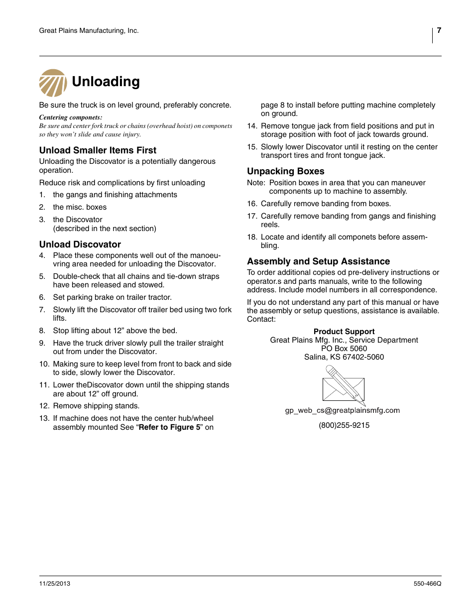 Unloading, Unload smaller items first, Unload discovator | Unpacking boxes, Assembly and setup assistance | Great Plains DVN8324 Predelivery Manual User Manual | Page 11 / 50