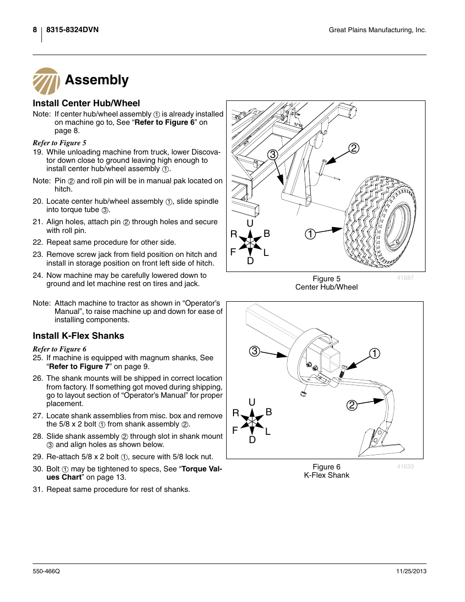 Assembly, Install center hub/wheel, Install k-flex shanks | Install center hub/wheel install k-flex shanks | Great Plains DVN8324 Predelivery Manual User Manual | Page 12 / 50