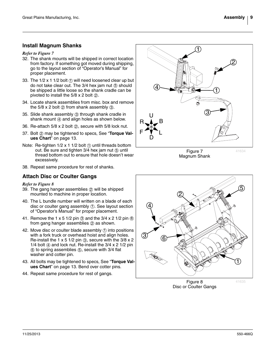 Install magnum shanks, Attach disc or coulter gangs, Install magnum shanks attach disc or coulter gangs | Great Plains DVN8324 Predelivery Manual User Manual | Page 13 / 50