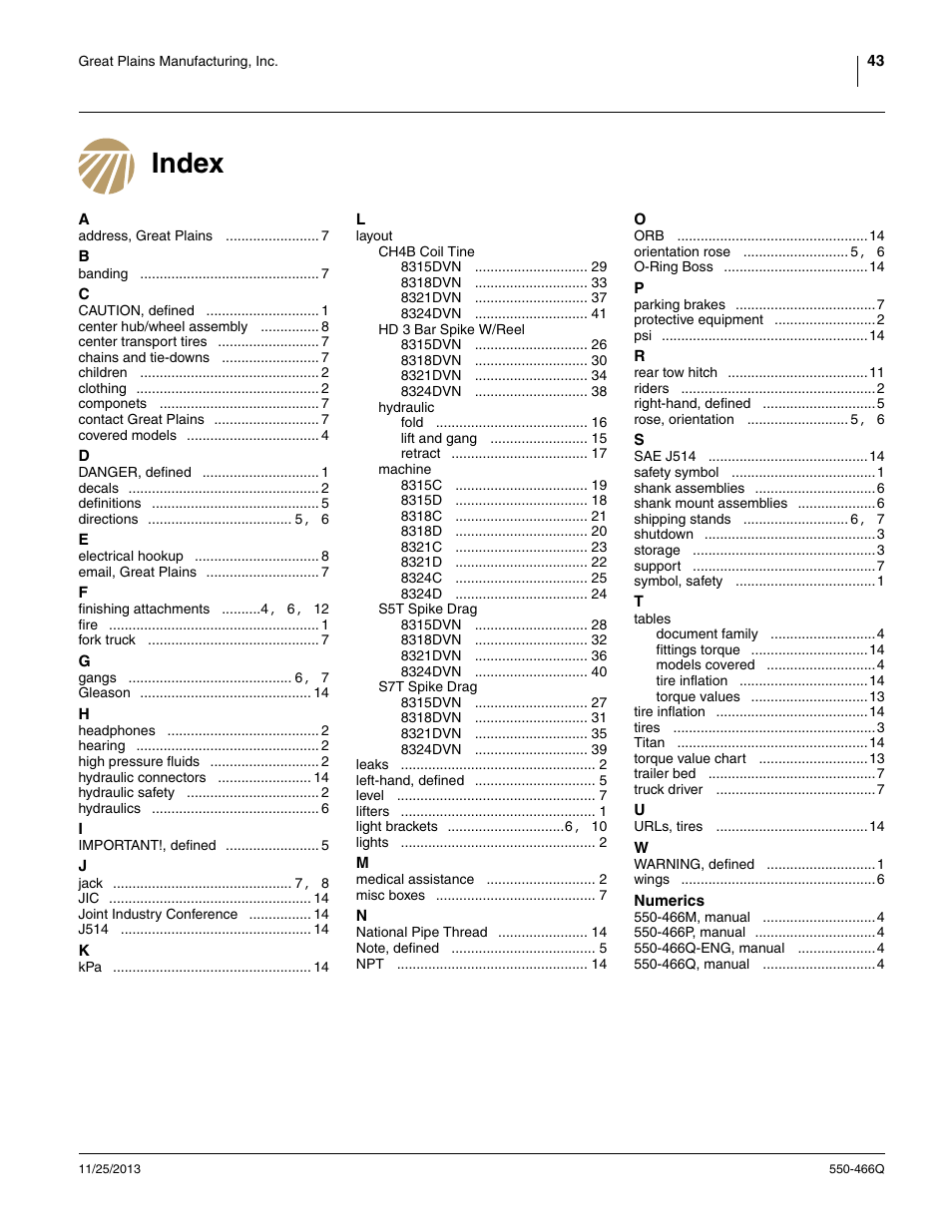 Index | Great Plains DVN8324 Predelivery Manual User Manual | Page 47 / 50