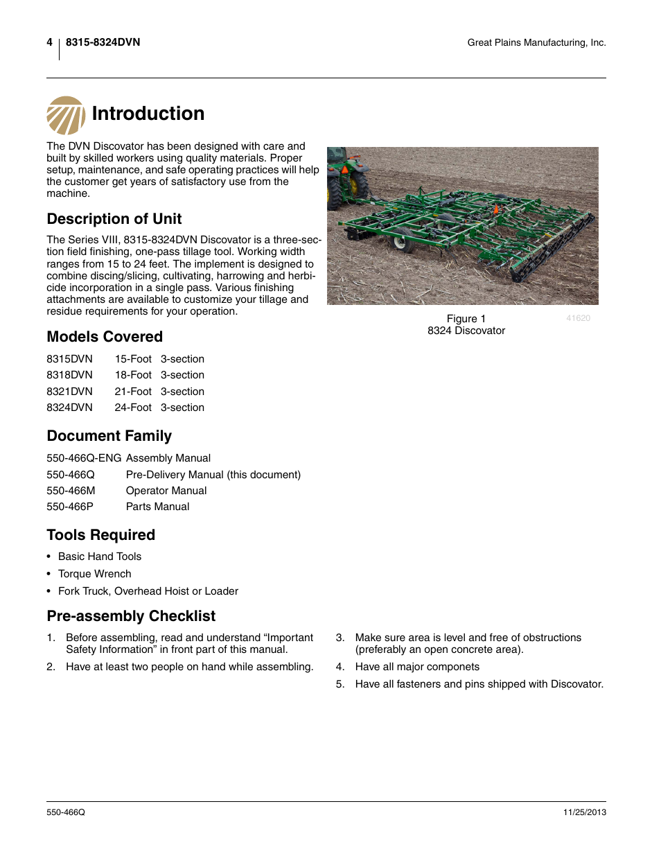 Introduction, Description of unit, Models covered | Document family, Tools required, Pre-assembly checklist, Models covered document family tools required | Great Plains DVN8324 Predelivery Manual User Manual | Page 8 / 50