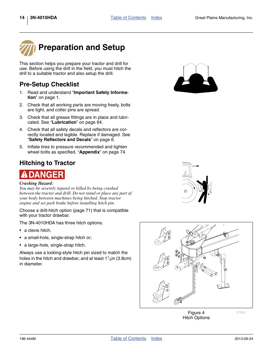 Preparation and setup, Pre-setup checklist, Hitching to tractor | Great Plains 3N4010HDA Operator Manual User Manual | Page 18 / 92