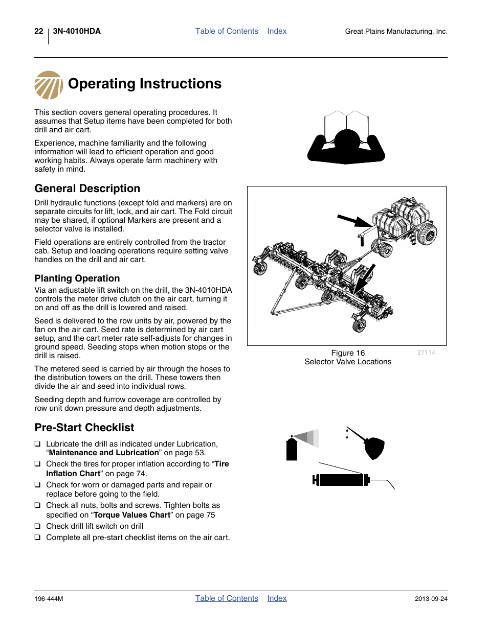 Operating instructions, General description, Planting operation | Pre-start checklist, Operating instructions general description | Great Plains 3N4010HDA Operator Manual User Manual | Page 26 / 92