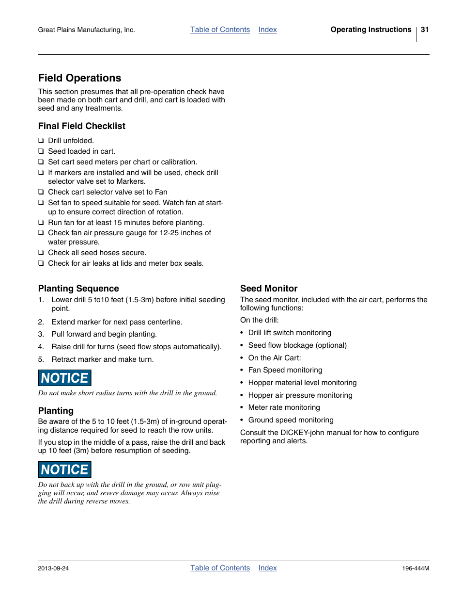 Field operations, Final field checklist, Planting sequence | Planting, Seed monitor | Great Plains 3N4010HDA Operator Manual User Manual | Page 35 / 92