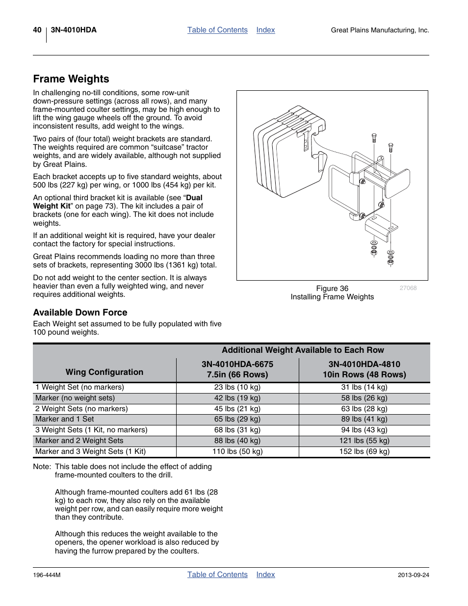 Frame weights, Available down force, Frame weights (at higher pressures), and | Great Plains 3N4010HDA Operator Manual User Manual | Page 44 / 92