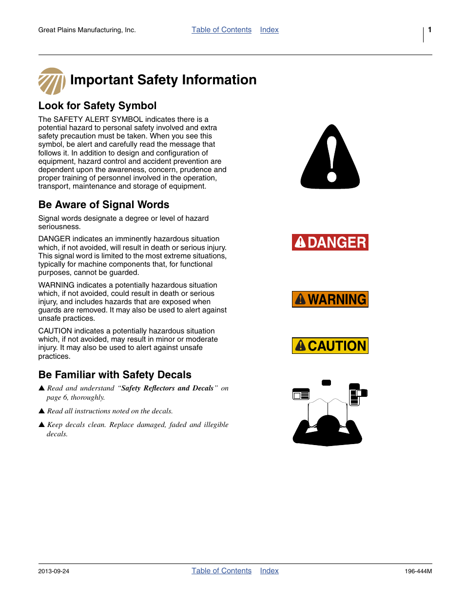 Important safety information, Look for safety symbol, Be aware of signal words | Be familiar with safety decals | Great Plains 3N4010HDA Operator Manual User Manual | Page 5 / 92