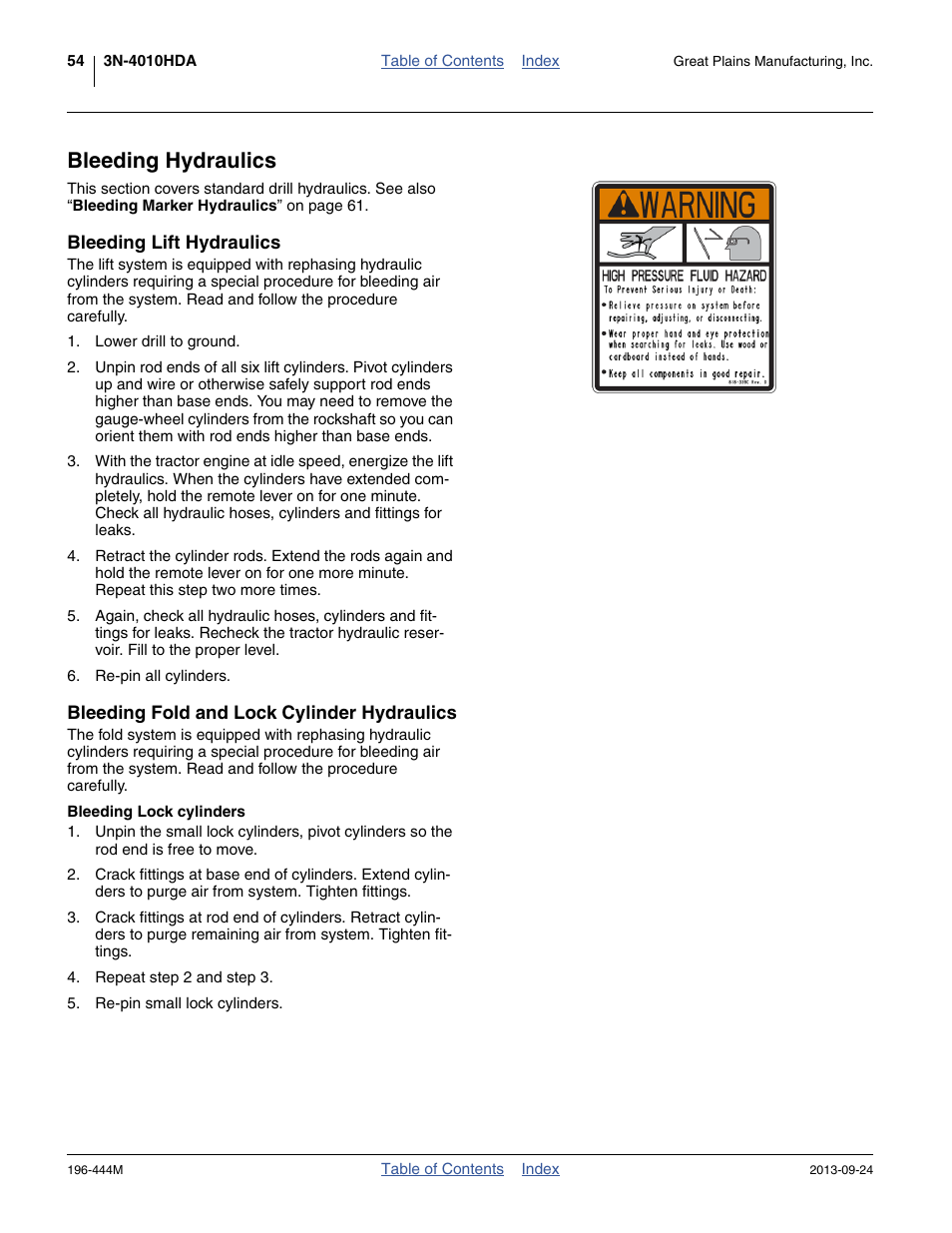 Bleeding hydraulics, Bleeding lift hydraulics, Bleeding fold and lock cylinder hydraulics | Great Plains 3N4010HDA Operator Manual User Manual | Page 58 / 92