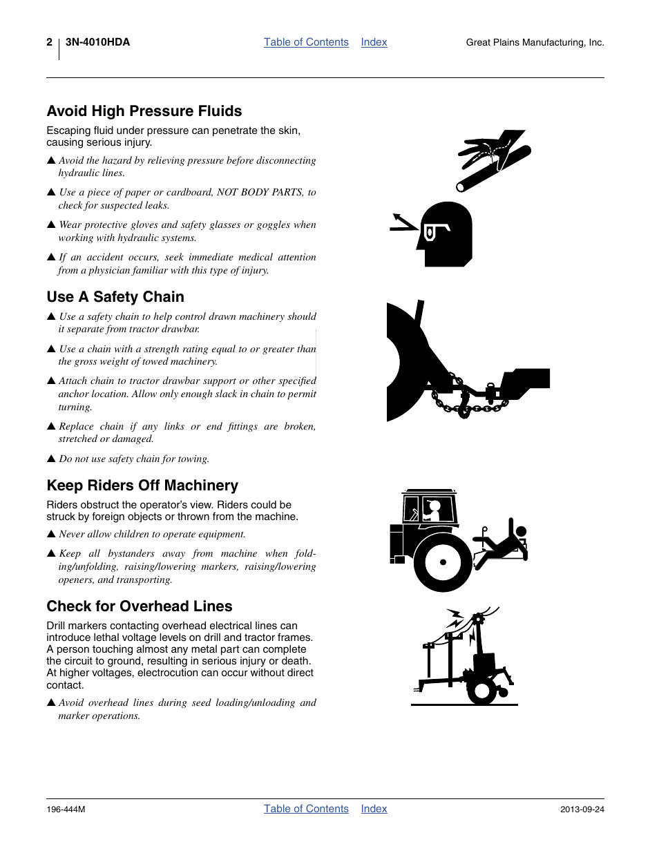 Avoid high pressure fluids, Use a safety chain, Keep riders off machinery | Check for overhead lines | Great Plains 3N4010HDA Operator Manual User Manual | Page 6 / 92