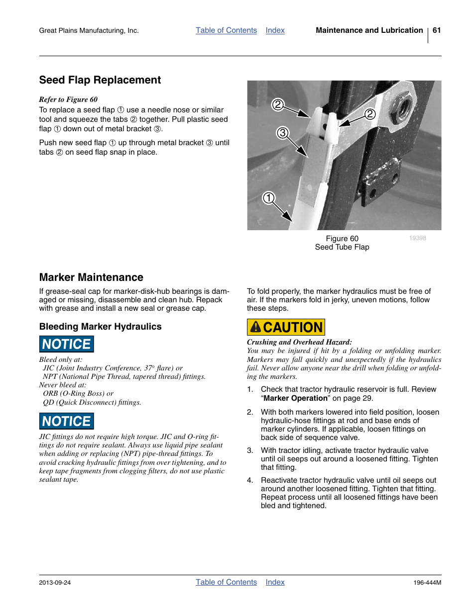 Seed flap replacement, Marker maintenance, Bleeding marker hydraulics | Seed flap replacement marker maintenance | Great Plains 3N4010HDA Operator Manual User Manual | Page 65 / 92