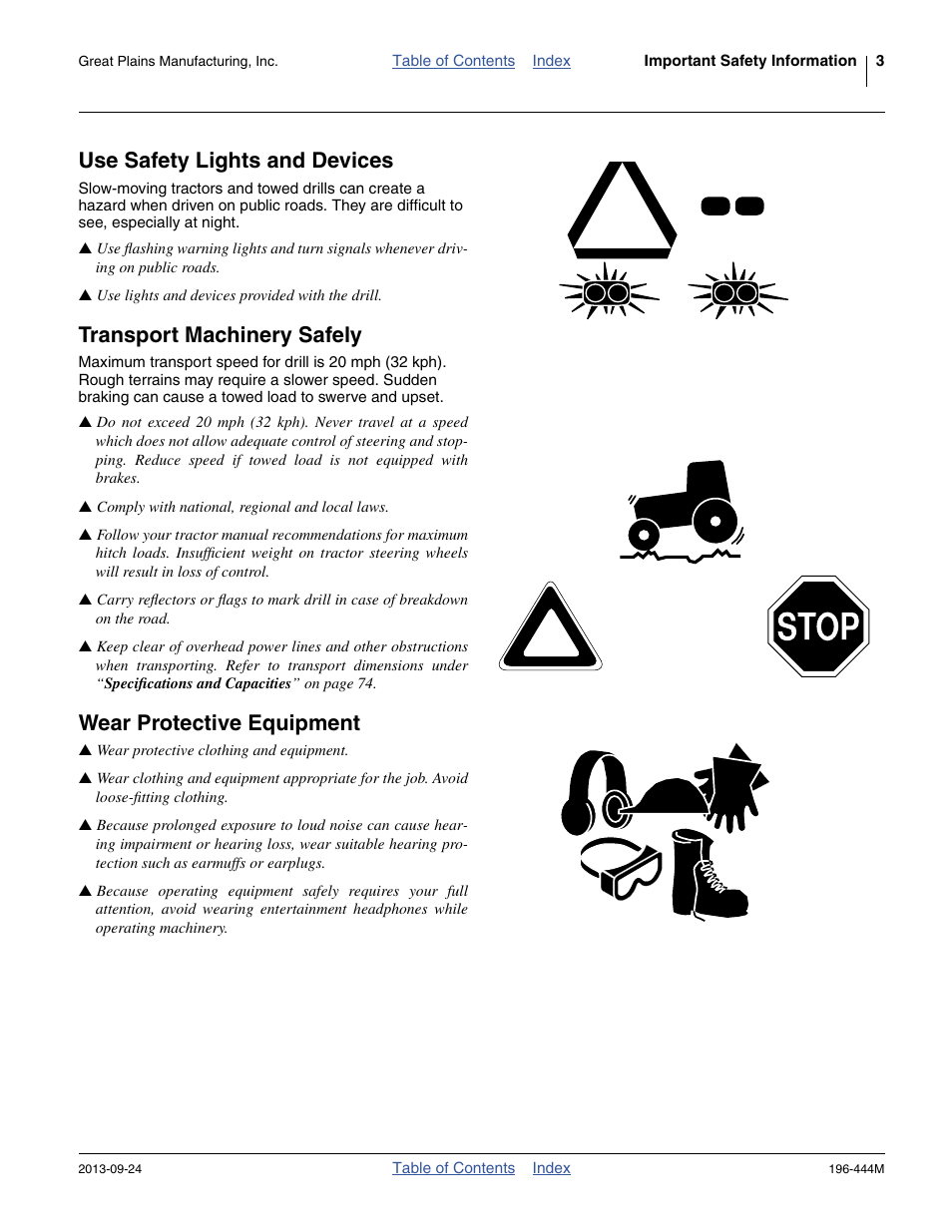 Use safety lights and devices, Transport machinery safely, Wear protective equipment | Great Plains 3N4010HDA Operator Manual User Manual | Page 7 / 92