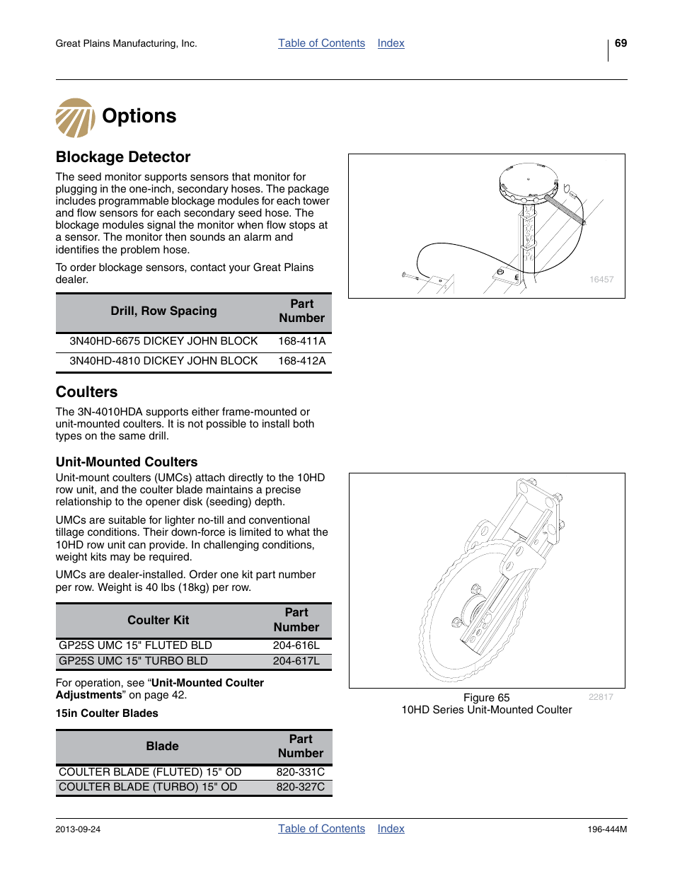 Options, Blockage detector, Coulters | Unit-mounted coulters, Options blockage detector coulters | Great Plains 3N4010HDA Operator Manual User Manual | Page 73 / 92