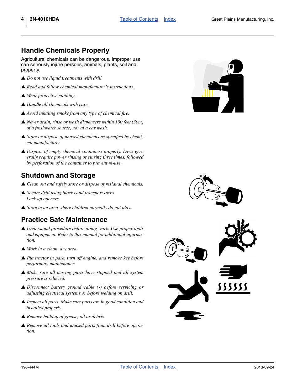 Handle chemicals properly, Shutdown and storage, Practice safe maintenance | Great Plains 3N4010HDA Operator Manual User Manual | Page 8 / 92