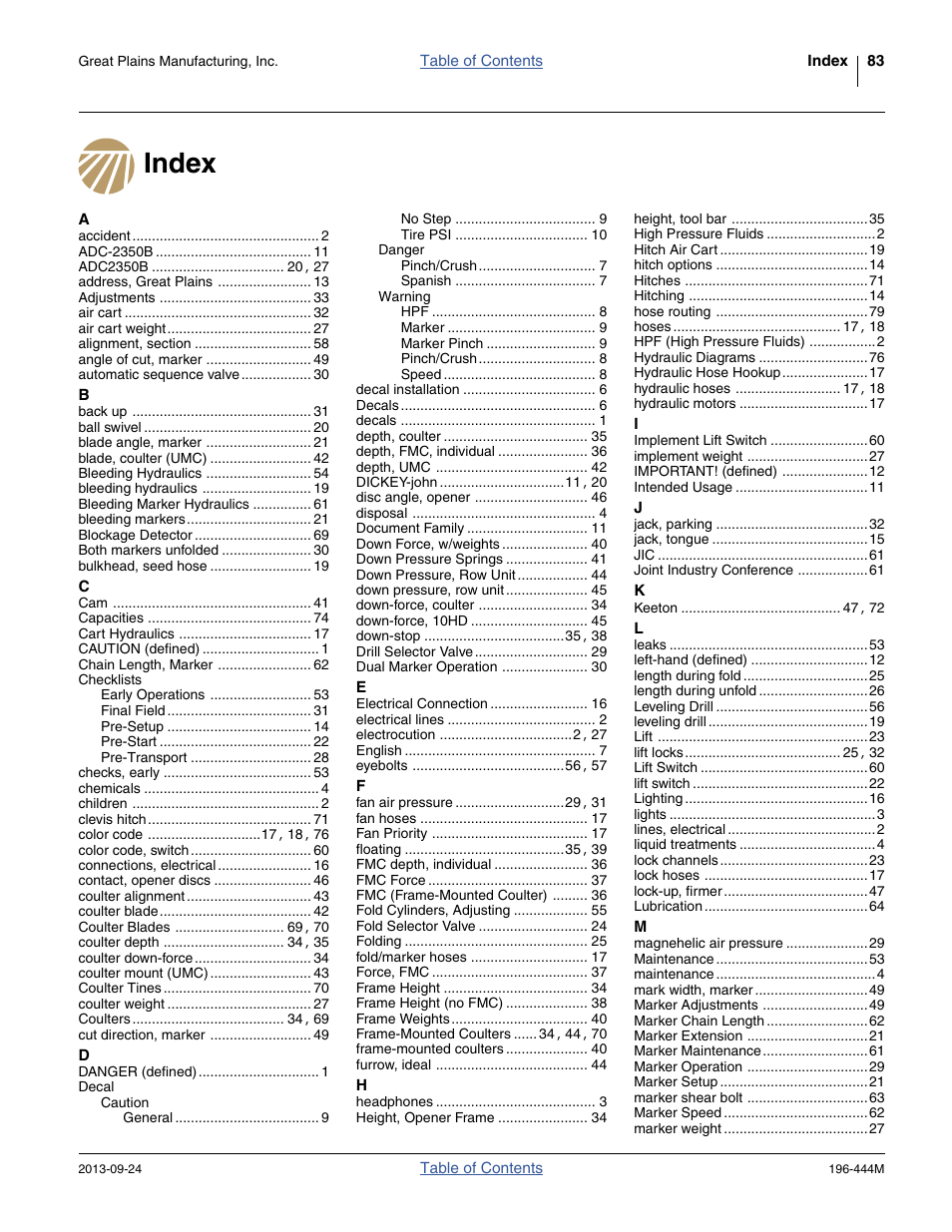 Index | Great Plains 3N4010HDA Operator Manual User Manual | Page 87 / 92