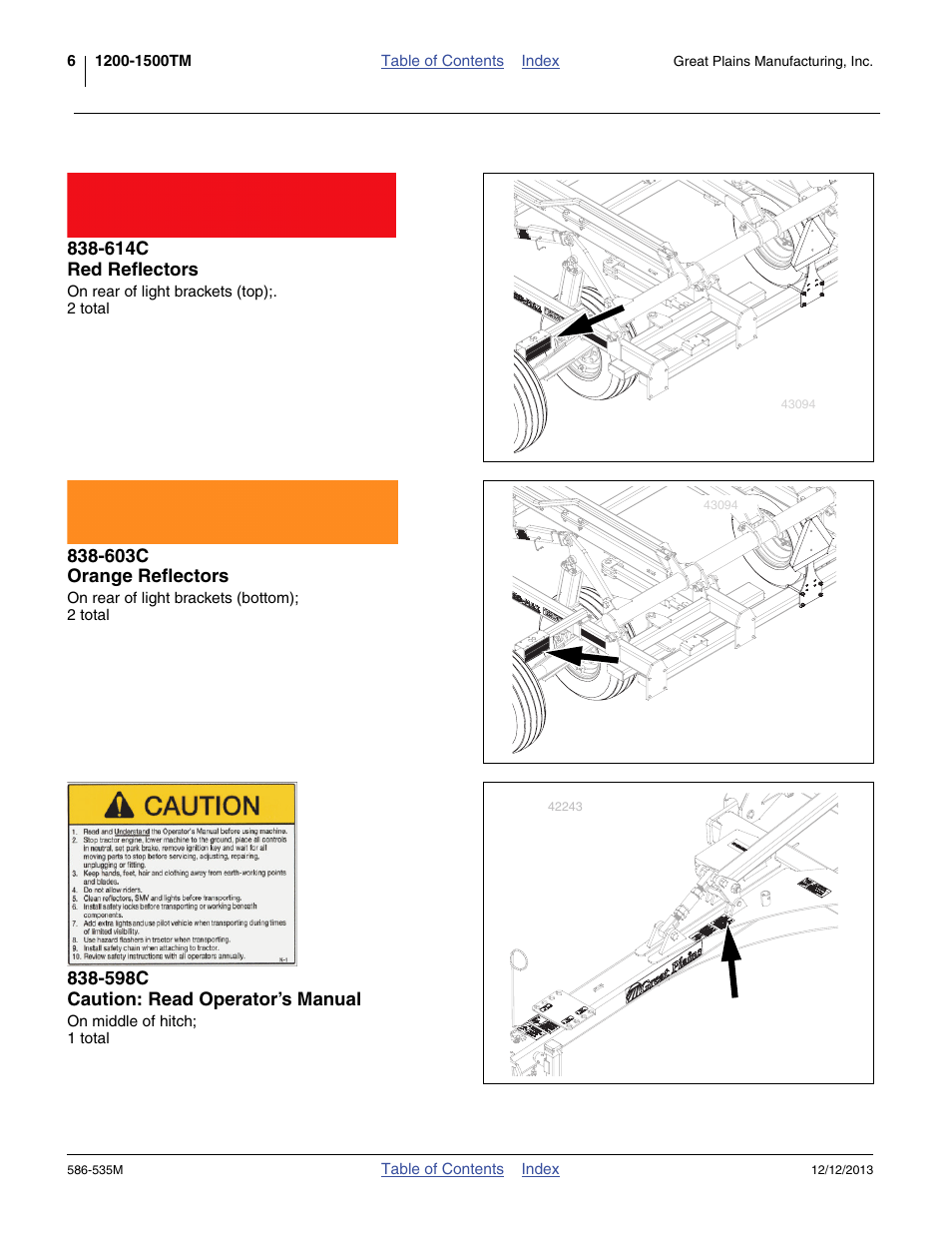 614c red reflectors, 603c orange reflectors, 598c caution: read operator’s manual | Great Plains 1500TM Operator Manual User Manual | Page 10 / 38