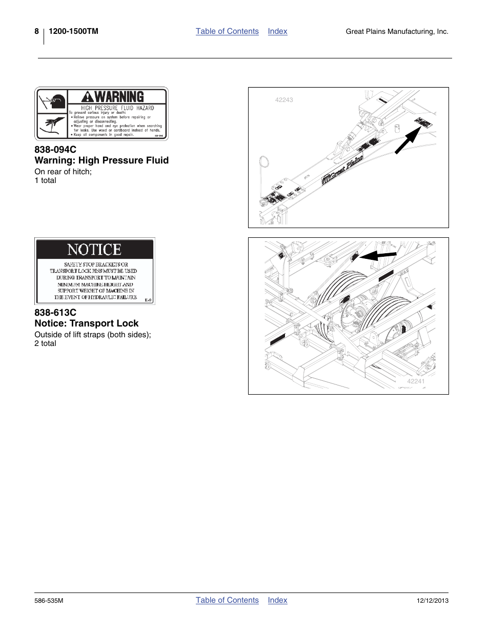 094c warning: high pressure fluid, 613c notice: transport lock | Great Plains 1500TM Operator Manual User Manual | Page 12 / 38