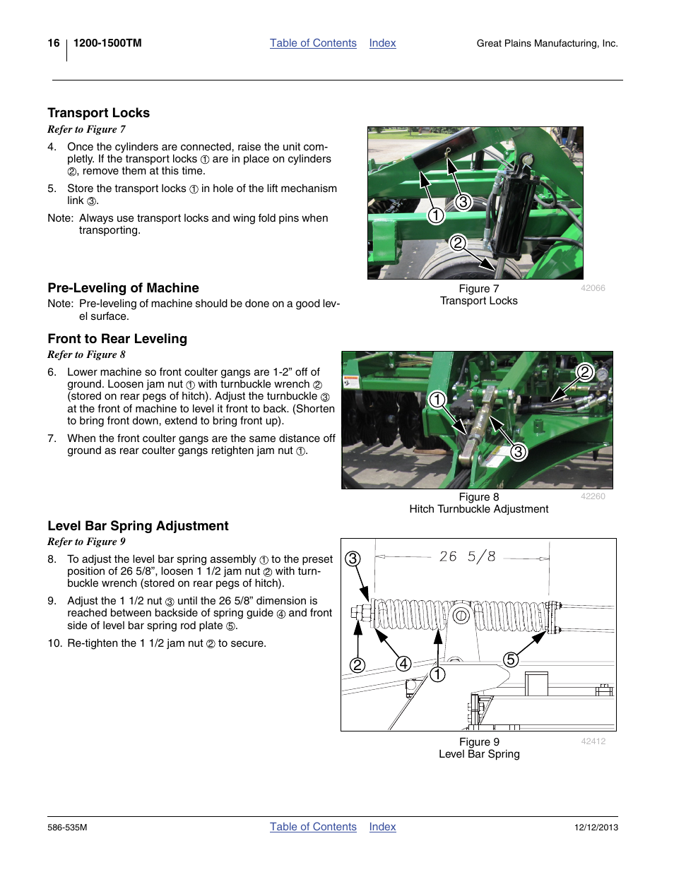 Transport locks, Pre-leveling of machine, Front to rear leveling | Level bar spring adjustment | Great Plains 1500TM Operator Manual User Manual | Page 20 / 38