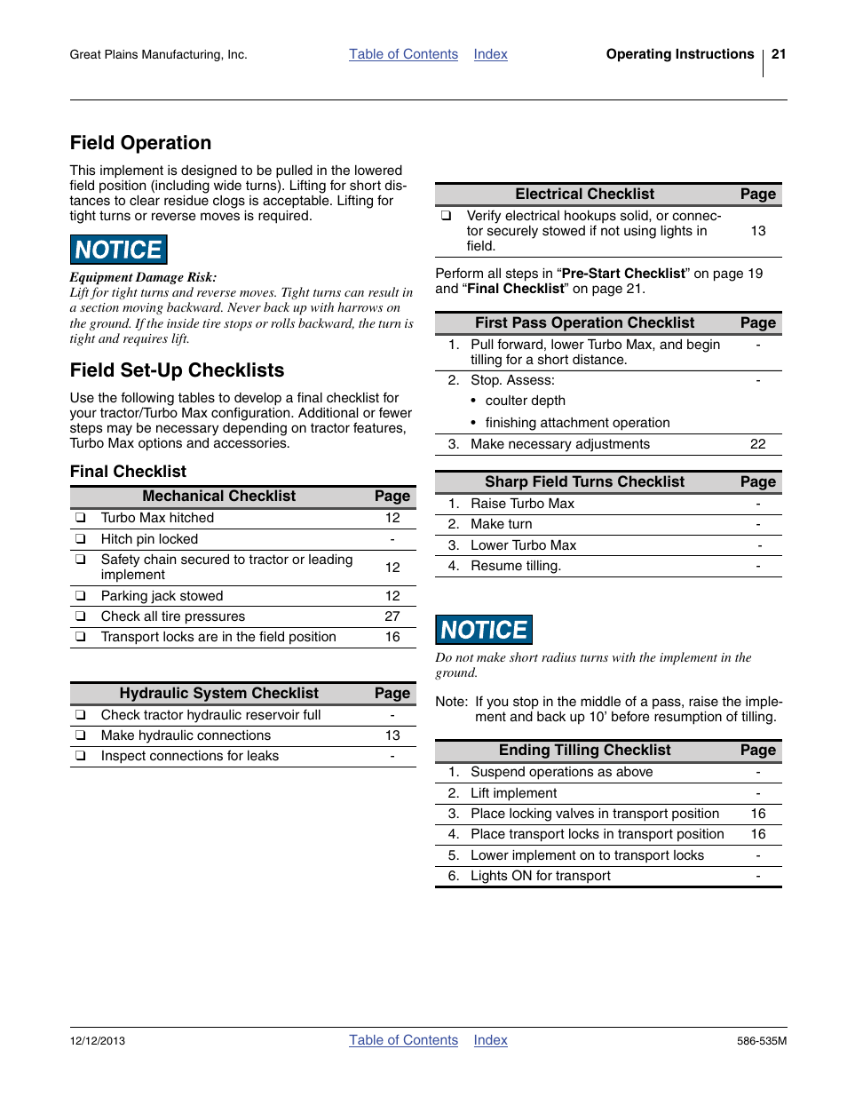 Field operation, Field set-up checklists, Final checklist | Field operation field set-up checklists | Great Plains 1500TM Operator Manual User Manual | Page 25 / 38