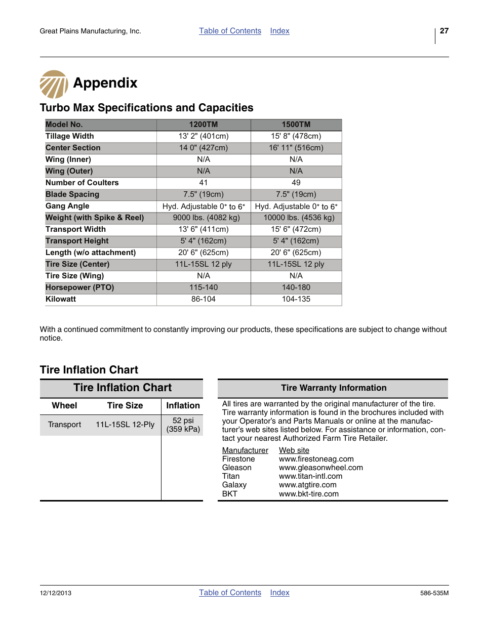 Appendix, Turbo max specifications and capacities, Tire inflation chart | Or proper inflation, “ tire inflation | Great Plains 1500TM Operator Manual User Manual | Page 31 / 38