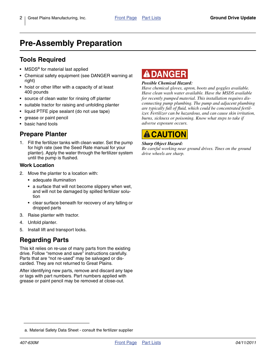 Pre-assembly preparation, Tools required, Prepare planter | Work location, Regarding parts | Great Plains YP Fertilizer Ground Drive Update User Manual | Page 2 / 12