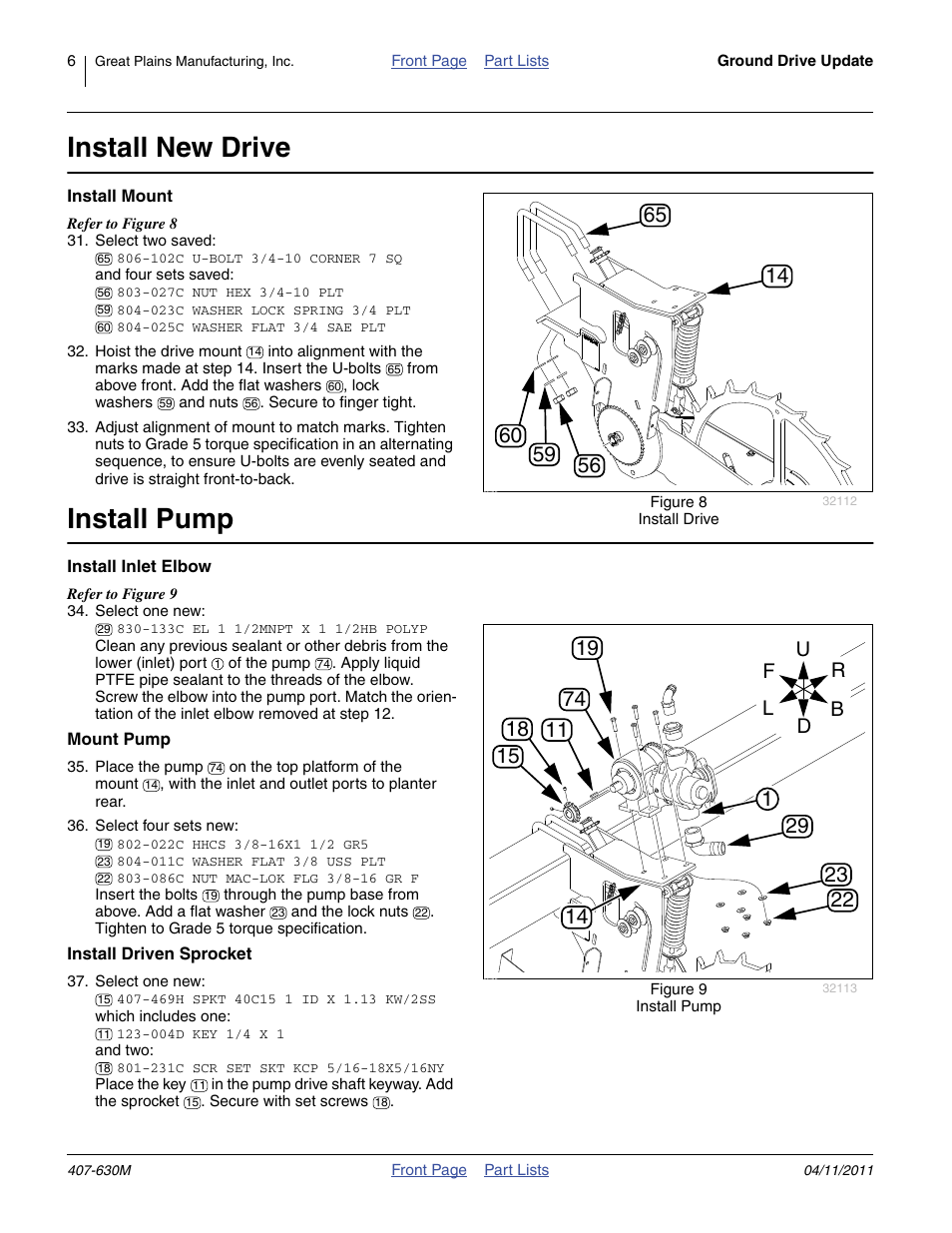 Install new drive, Install mount, Install pump | Install inlet elbow, Mount pump, Install driven sprocket | Great Plains YP Fertilizer Ground Drive Update User Manual | Page 6 / 12