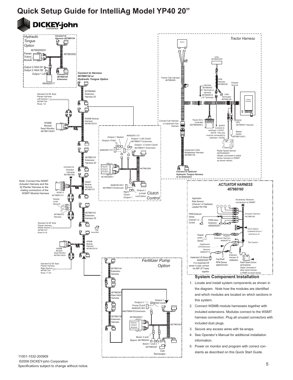 Quick setup guide for intelliag model yp40 20, System component installation, Fertilizer pump option | Clutch control, Tractor harness, Hydraulic tongue option | Great Plains YP4025-2420 24 Row 20-Inch Quick Start User Manual | Page 5 / 5