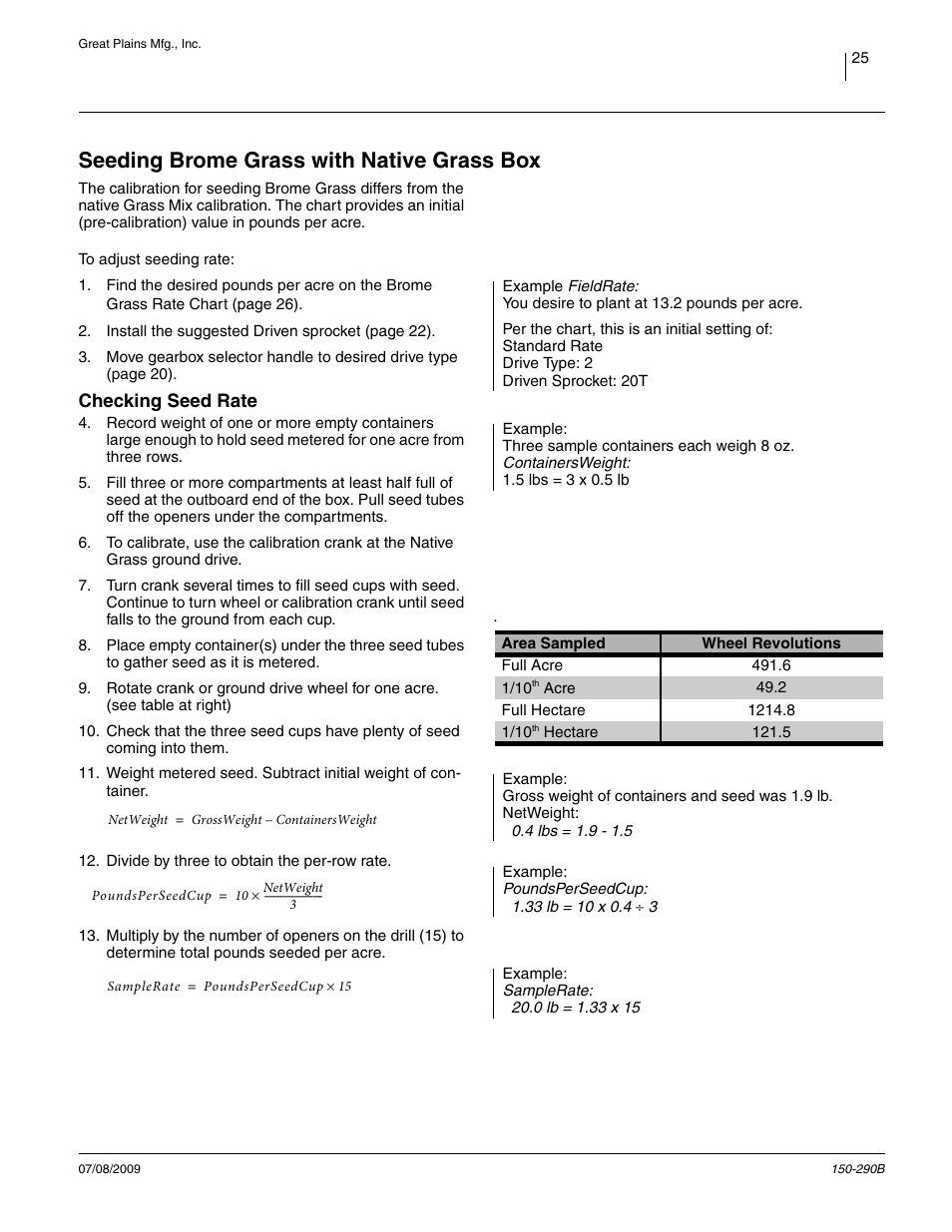 Seeding brome grass with native grass box, Checking seed rate | Great Plains 1007NT Material Rate User Manual | Page 27 / 54