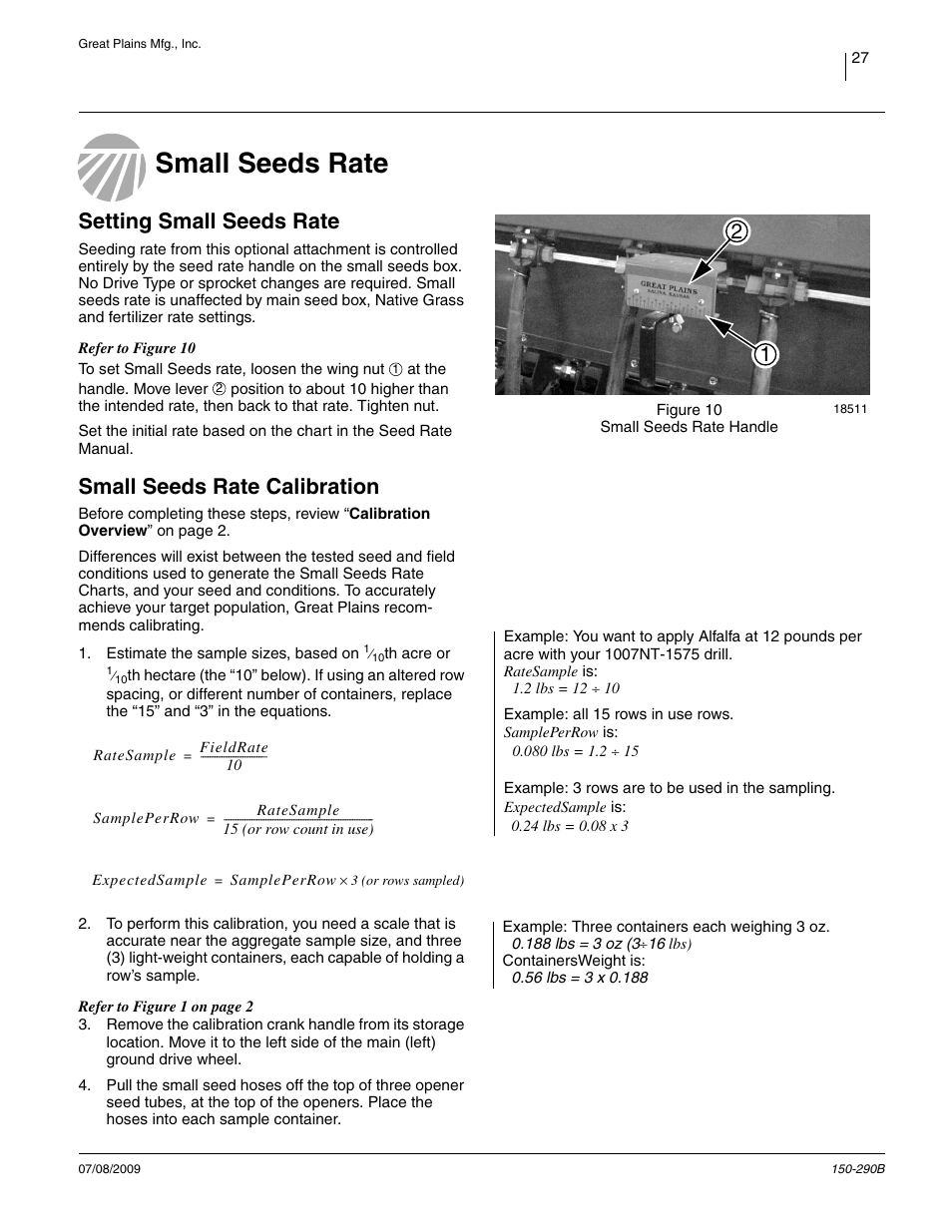 Small seeds rate, Setting small seeds rate, Small seeds rate calibration | Great Plains 1007NT Material Rate User Manual | Page 29 / 54