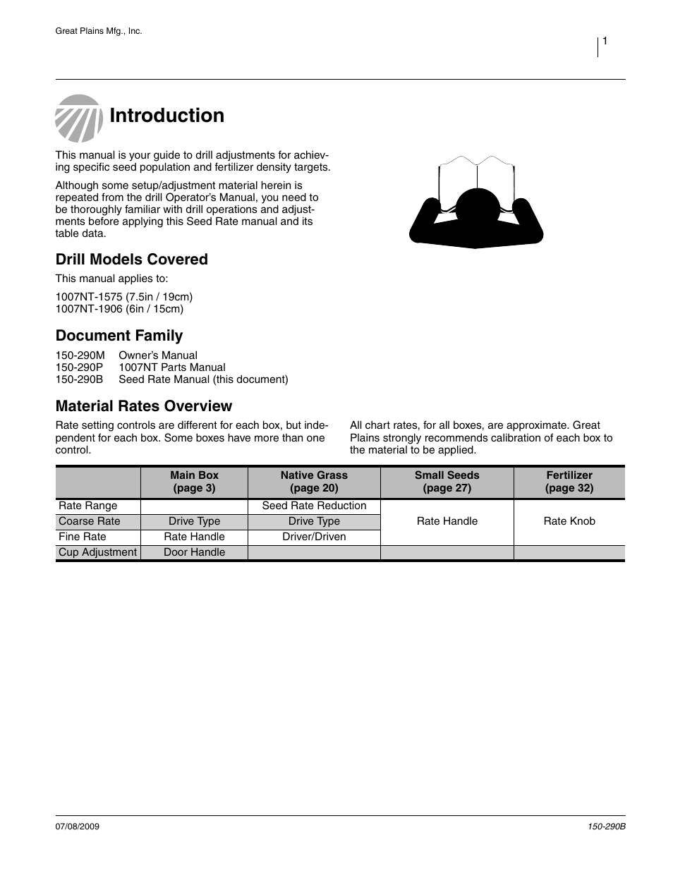 Introduction, Drill models covered, Document family | Material rates overview | Great Plains 1007NT Material Rate User Manual | Page 3 / 54