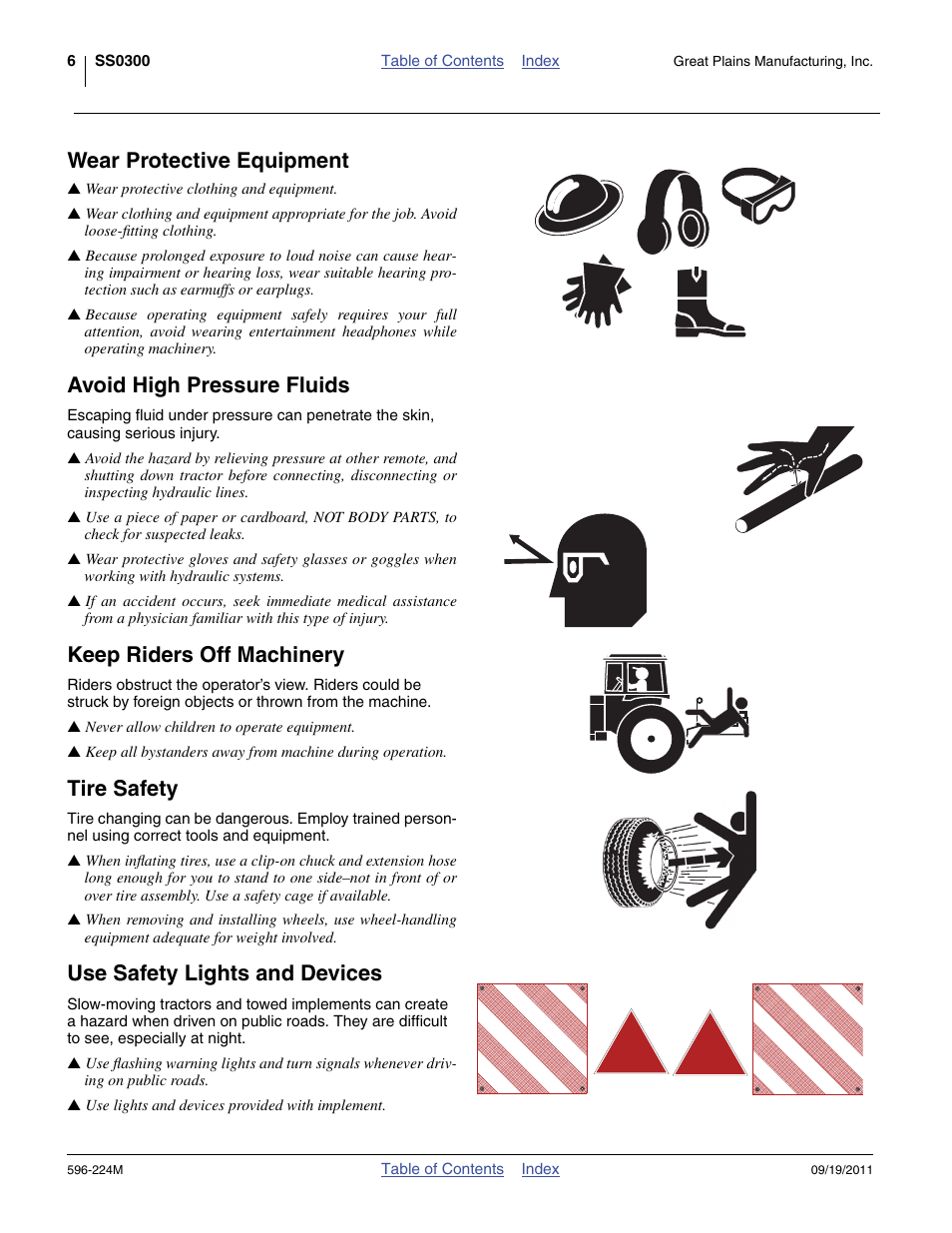 Wear protective equipment, Avoid high pressure fluids, Keep riders off machinery | Tire safety, Use safety lights and devices | Great Plains SS0300 Operator Manual User Manual | Page 10 / 46