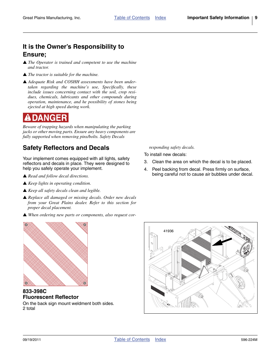 It is the owner’s responsibility to ensure, Safety reflectors and decals, 398c fluorescent reflector | Safety reflectors and decals ” on | Great Plains SS0300 Operator Manual User Manual | Page 13 / 46