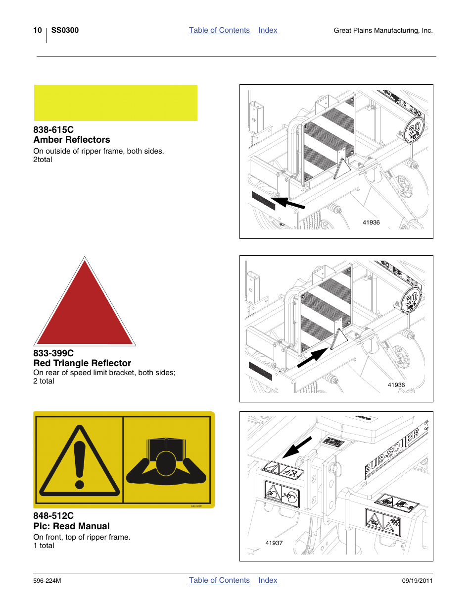 615c amber reflectors, 399c red triangle reflector, 512c pic: read manual | Great Plains SS0300 Operator Manual User Manual | Page 14 / 46