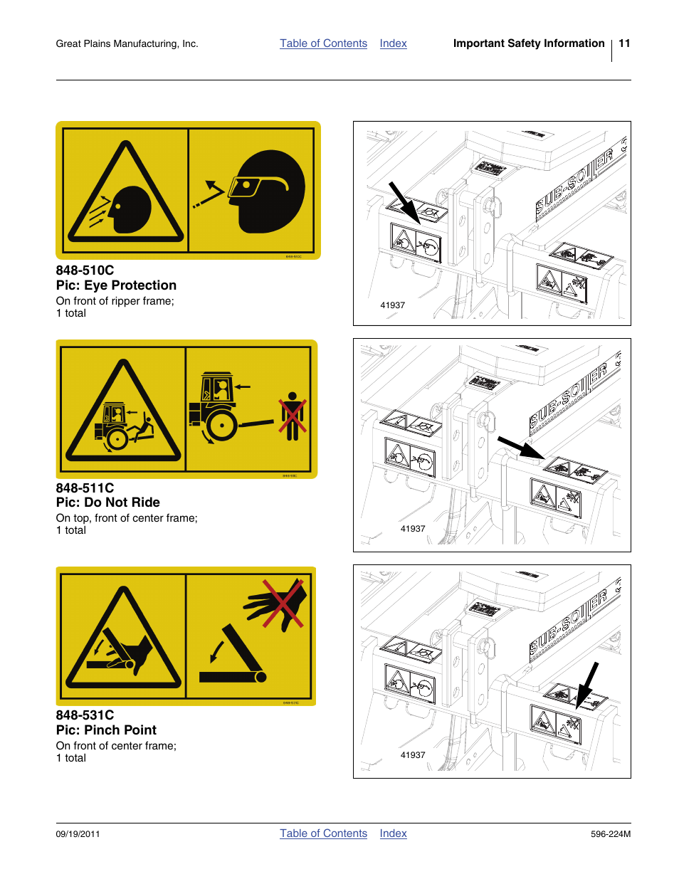 510c pic: eye protection, 511c pic: do not ride, 531c pic: pinch point | Great Plains SS0300 Operator Manual User Manual | Page 15 / 46