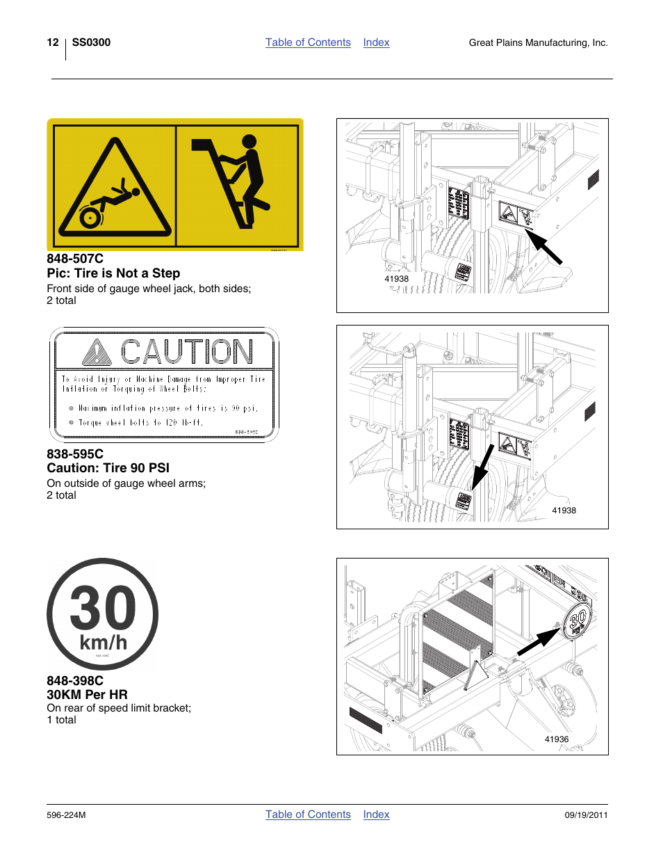 507c pic: tire is not a step, 595c caution: tire 90 psi, 398c 30km per hr | Great Plains SS0300 Operator Manual User Manual | Page 16 / 46