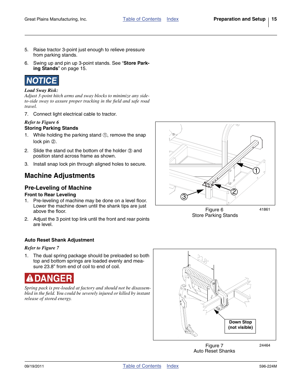 Storing parking stands, Machine adjustments, Pre-leveling of machine | Front to rear leveling | Great Plains SS0300 Operator Manual User Manual | Page 19 / 46