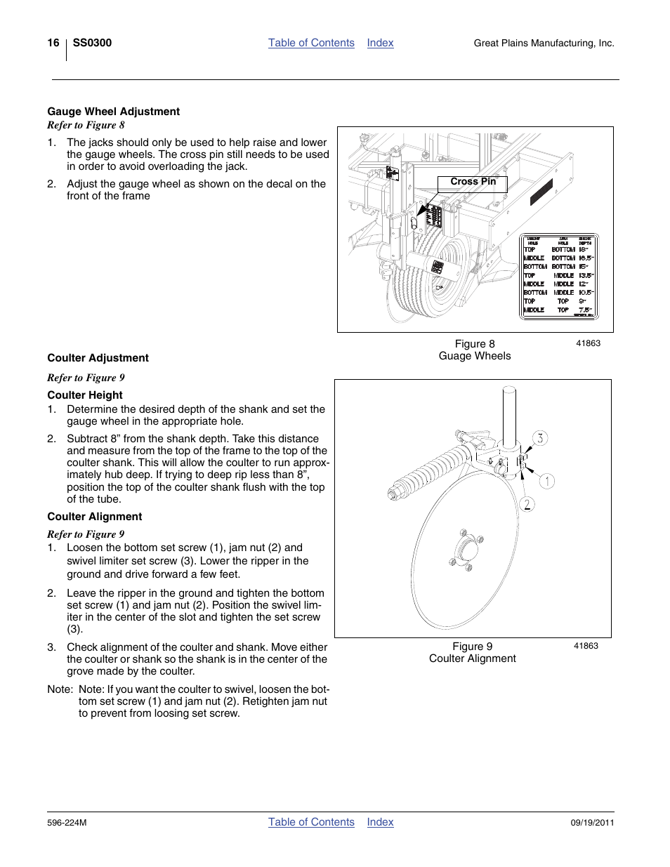 Gauge wheel adjustment, Coulter adjustment, Coulter height | Coulter alignment | Great Plains SS0300 Operator Manual User Manual | Page 20 / 46