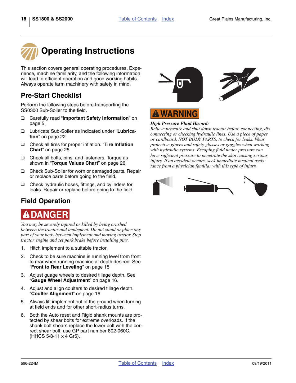 Operating instructions, Pre-start checklist, Field operation | Operating instructions pre-start checklist | Great Plains SS0300 Operator Manual User Manual | Page 22 / 46