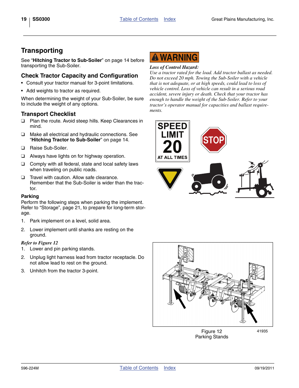 Transporting, Check tractor capacity and configuration, Transport checklist | Parking | Great Plains SS0300 Operator Manual User Manual | Page 23 / 46