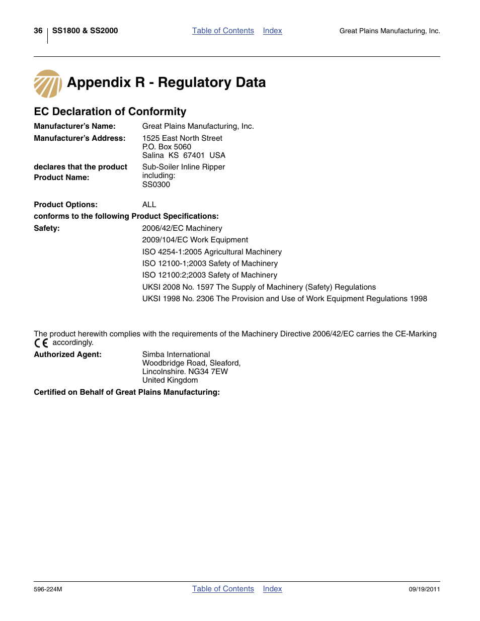 Appendix r - regulatory data, Ec declaration of conformity | Great Plains SS0300 Operator Manual User Manual | Page 40 / 46