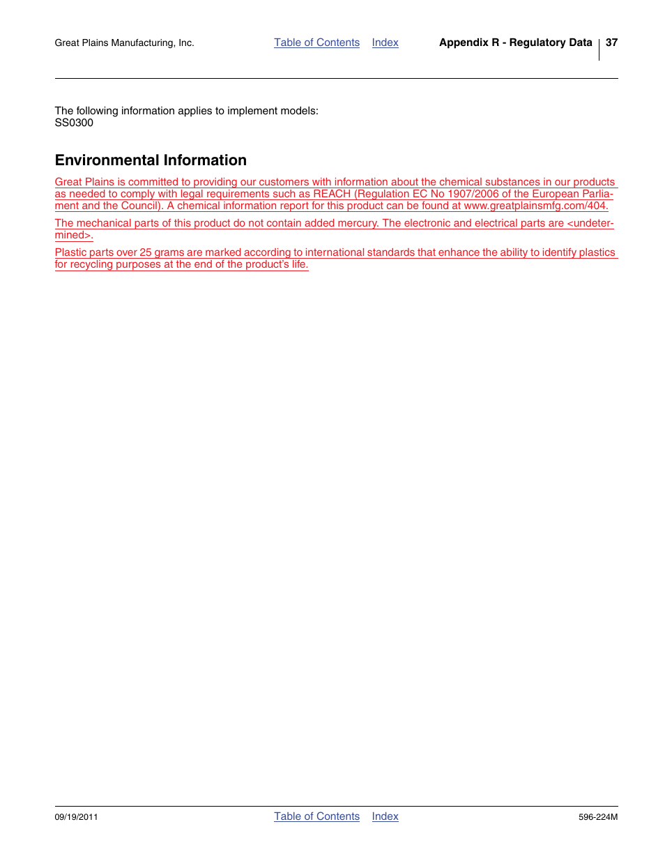 Environmental information | Great Plains SS0300 Operator Manual User Manual | Page 41 / 46