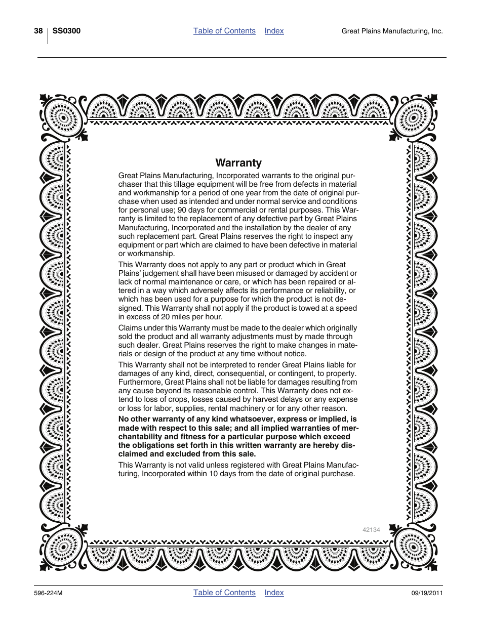 Warranty | Great Plains SS0300 Operator Manual User Manual | Page 42 / 46