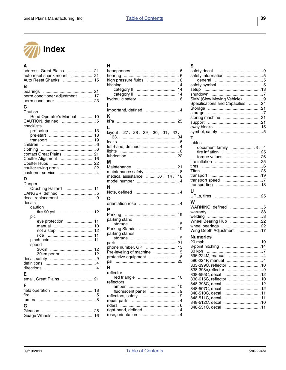 Index | Great Plains SS0300 Operator Manual User Manual | Page 43 / 46