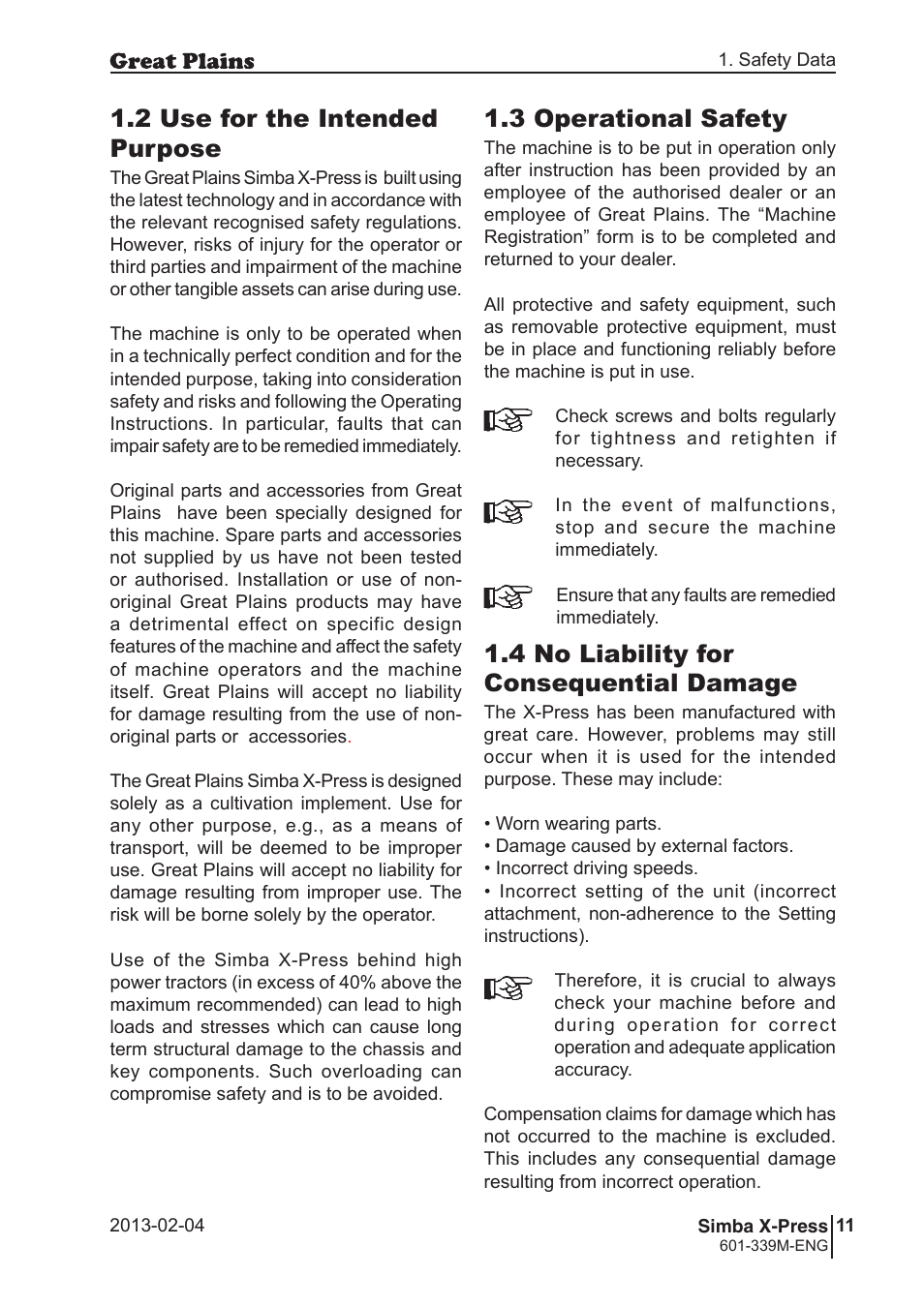 3 operational safety, 4 no liability for consequential damage, 2 use for the intended purpose | Great Plains Simba X-Press Operator Manual User Manual | Page 11 / 42