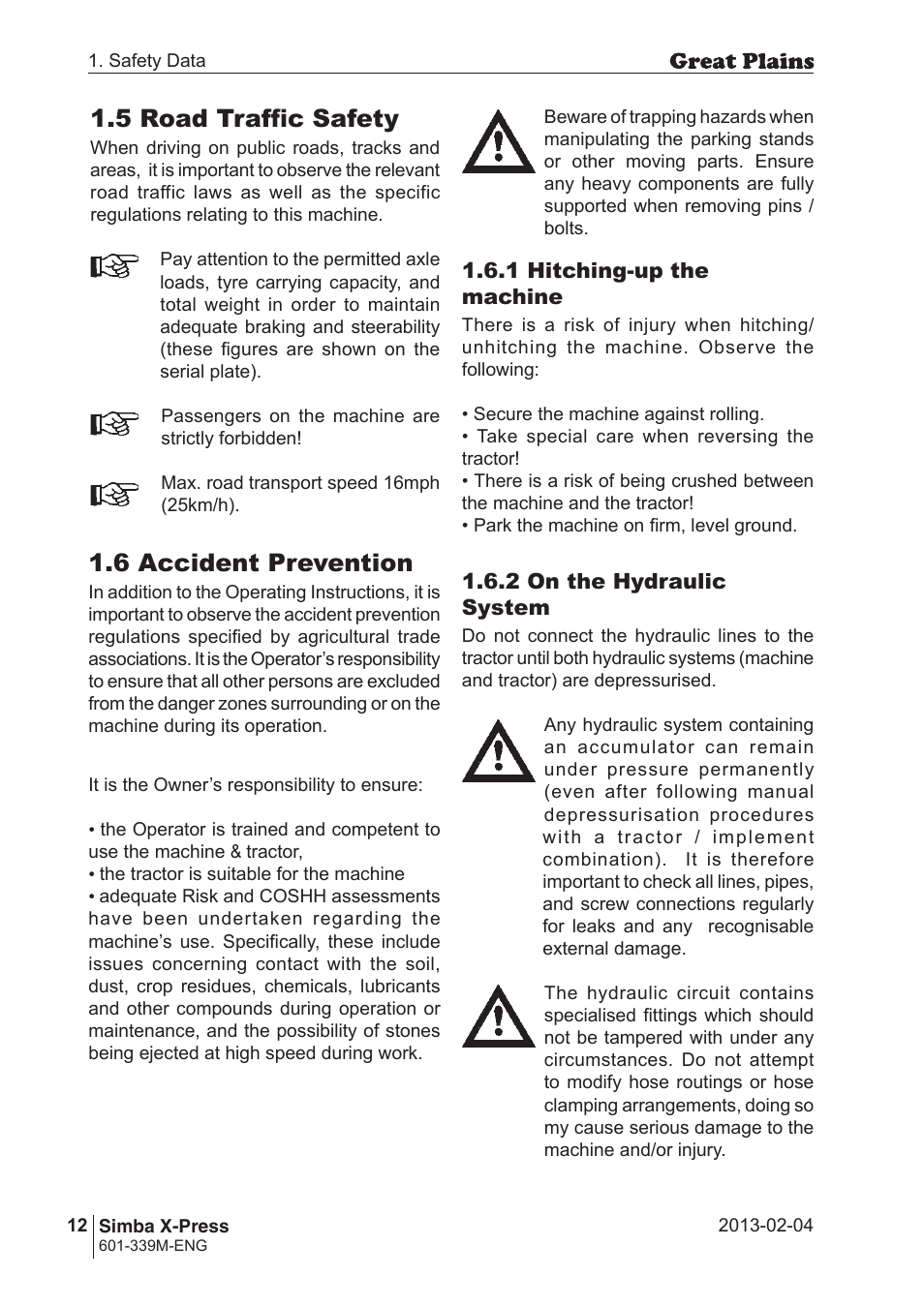 5 road traffic safety, 6 accident prevention | Great Plains Simba X-Press Operator Manual User Manual | Page 12 / 42