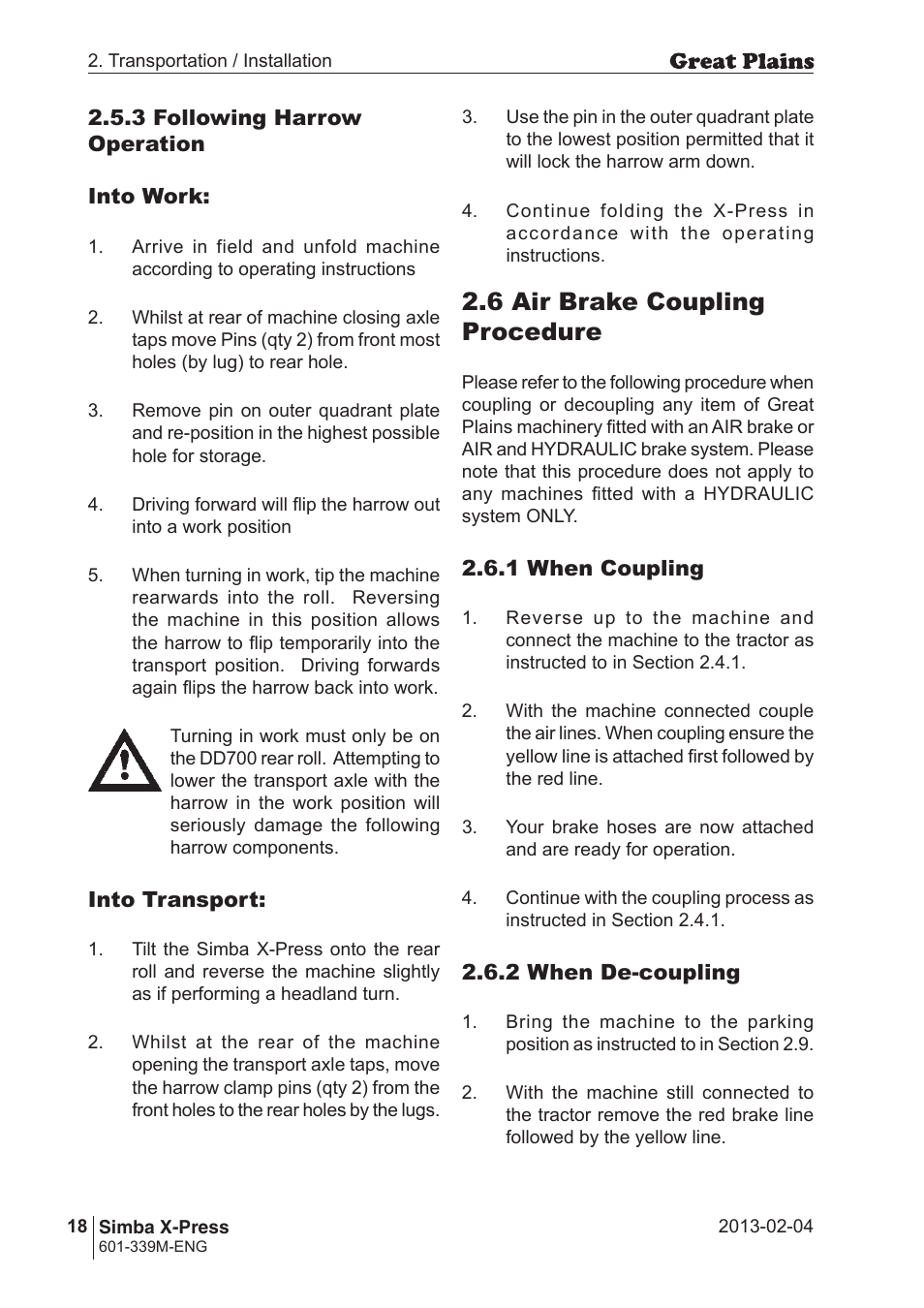 6 air brake coupling procedure | Great Plains Simba X-Press Operator Manual User Manual | Page 18 / 42