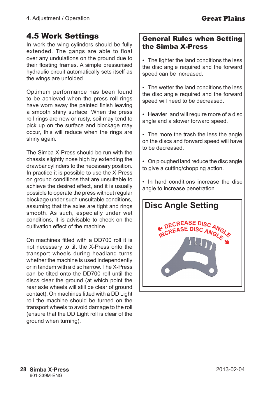 Disc angle setting, 5 work settings | Great Plains Simba X-Press Operator Manual User Manual | Page 28 / 42