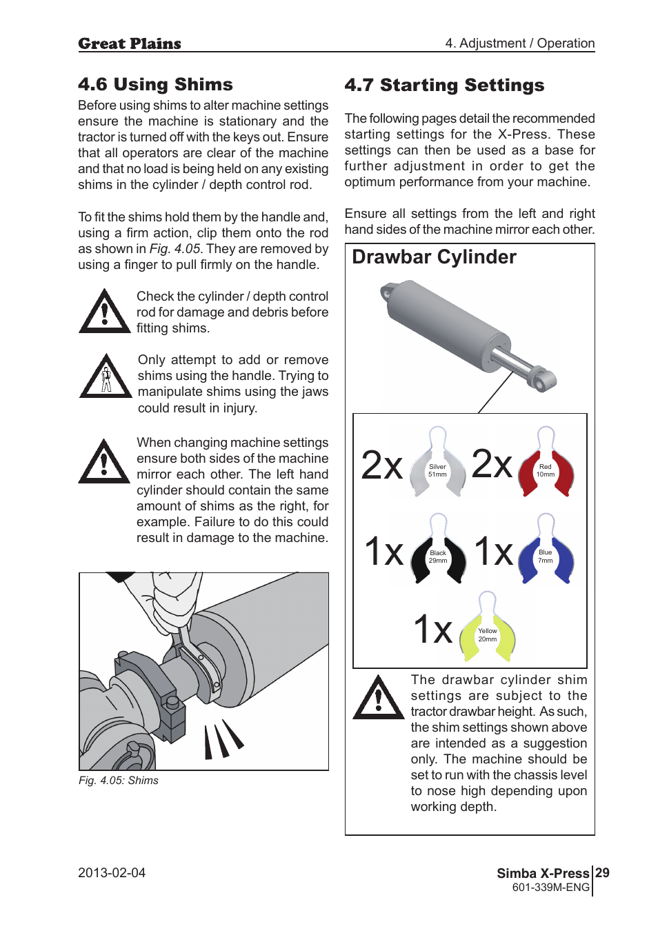 Drawbar cylinder, 7 starting settings, 6 using shims | Great Plains Simba X-Press Operator Manual User Manual | Page 29 / 42
